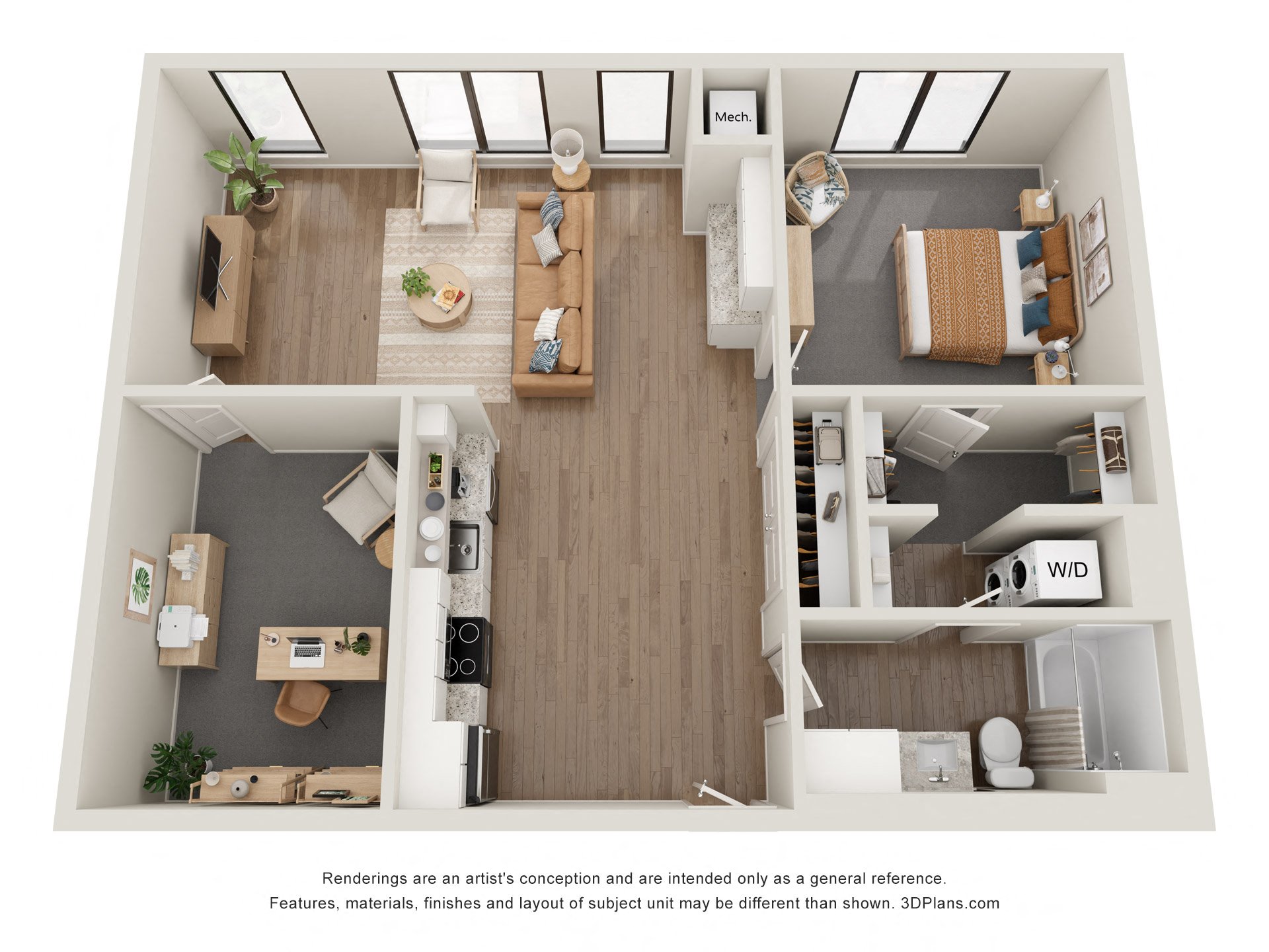 Floor plan for 1 bed, 1 bath, 935 sqft